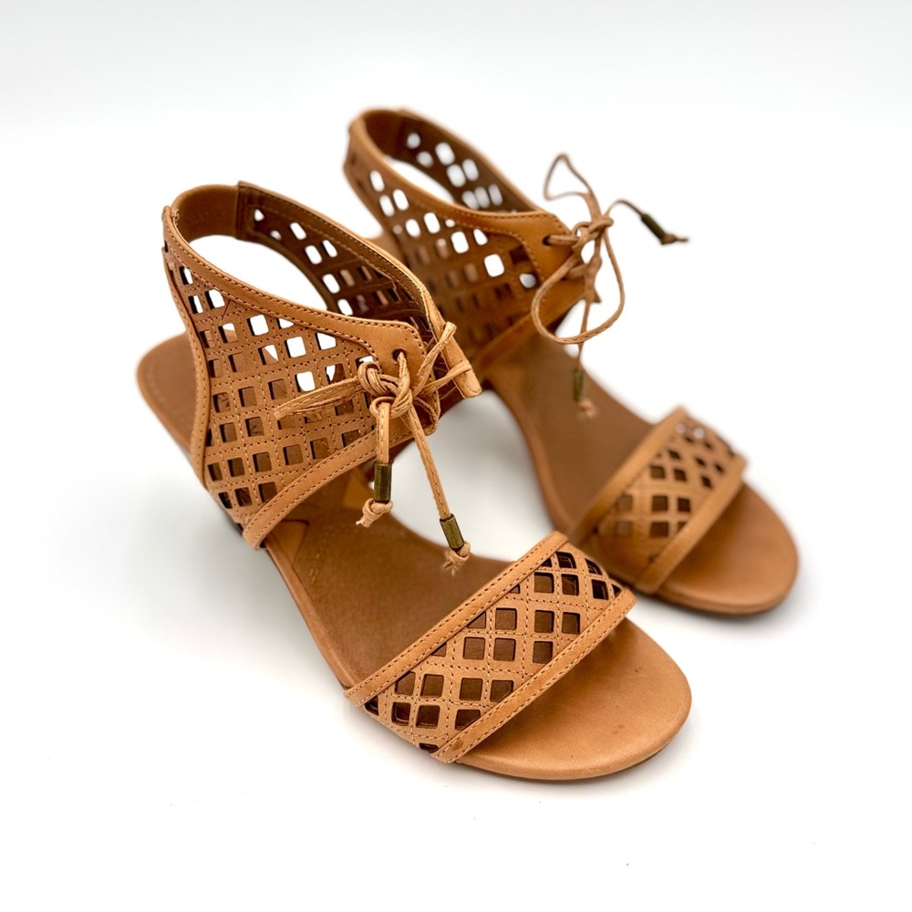 Adrienne Vittadini Tan Leather Stacked Heel Sandals with Open Toe and Tie Front